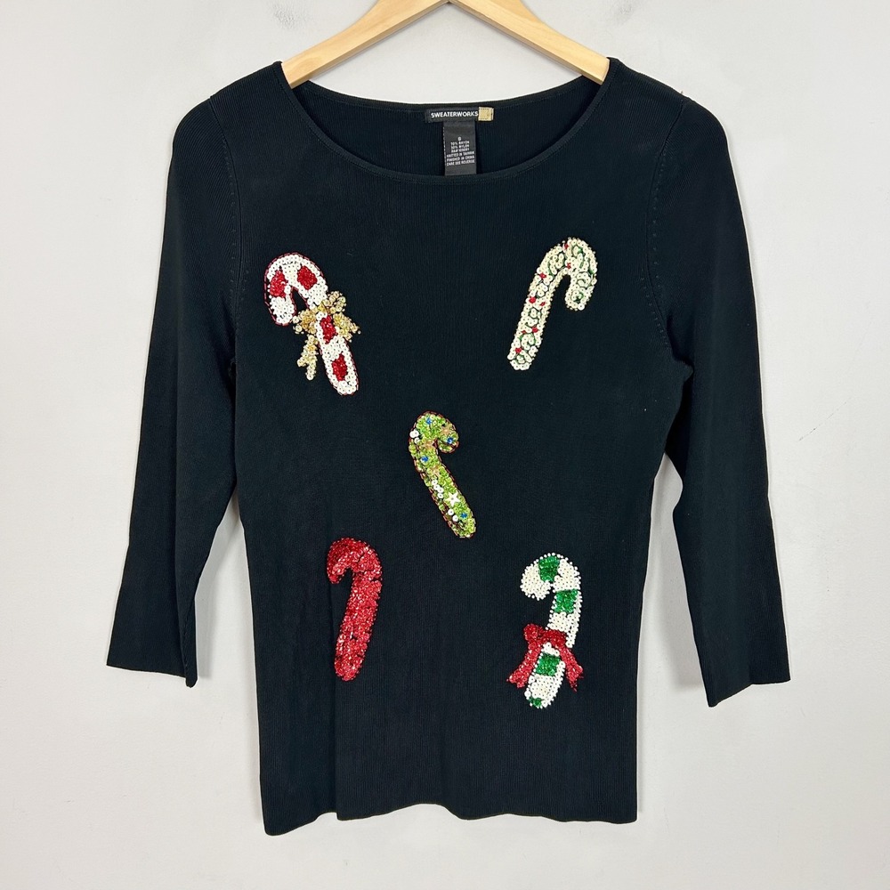 Sweaterworks Knit Top Black Candy Cane Christmas Holiday Women's Size Small